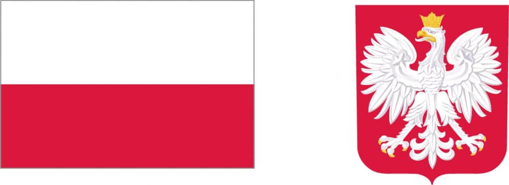 Po lewej stronie graficzny pełnokolorowy znak barw Rzeczypospolitej Polskiej po prawej stronie herb na czerwonym tle rze biały ze złotą koroną