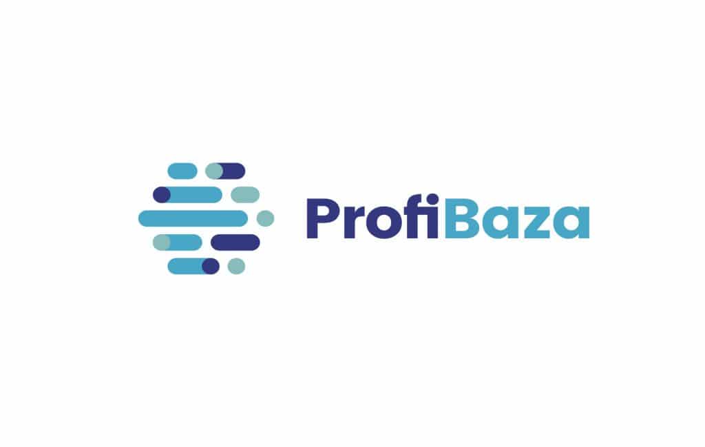 ProfiBaza logotyp po lewej stronie znak graficzny niebiesko granatowe paski na kształt sześciokąta po prawej stronie granatowo niebieska graficzna forma nazwy ProfiBaza