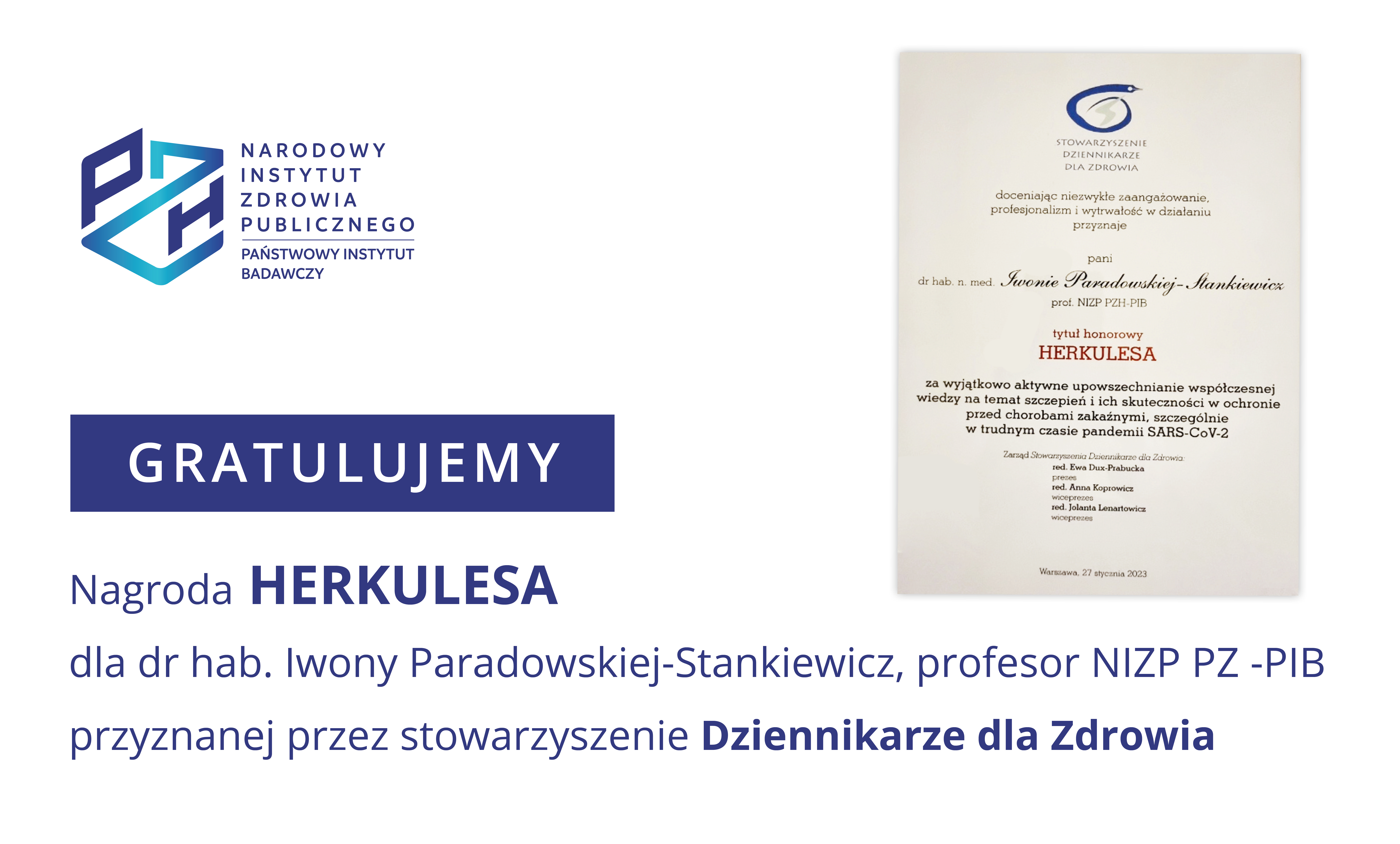 Read more about the article Tytuł Herkulesa dla dr hab. Iwony Paradowskiej-Stankiewicz, profesor NIZP PZH – PIB.