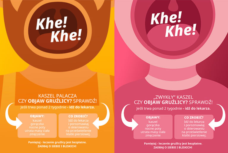 Grafika pokazująca otwarte usta kaszlącego mężczyzny, a obok kobiety, w żółtych i różowych kolorach, rysunkowa.