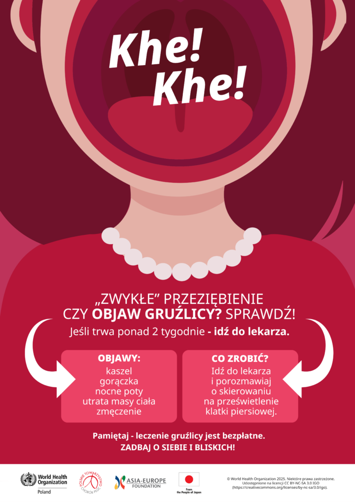 Grafika pokazująca otwarte usta kaszlącą kobietę, w czerwonych kolorach, rysunkowa.