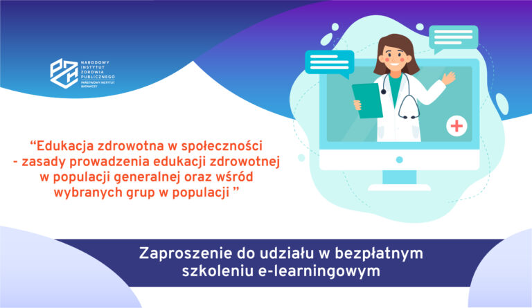 Grafika pozujące lekarkę wystającą z monitora komputera pokazującą coś ręką, trzymającą tabliczkę z notatkami, wokół chmurki dialogu. Symbolika nauczania