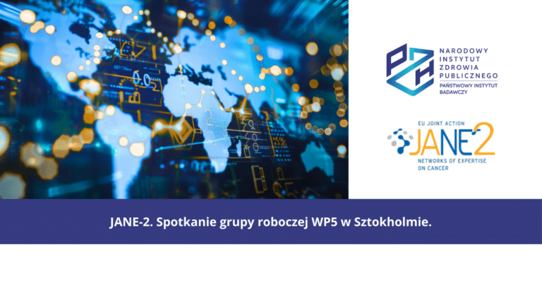 Obraz przedstawiający Logo NIZP PZH-PIB oraz projektu JANE-2 wraz z grafiką (niebieskie kontynenty połączone żółtą siecią połączeń) symbolizującą międzynarodową sieć współpracy na rzecz pacjentów onkologicznych.