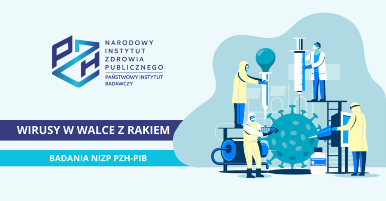 Obrazek przedstawia naukowców w żółtych fartuchach, pracujących za pomocą różnych narzędzi (np. strzykawek, urządzeń diagnostycznych) nad wirusem. Ma to przybliżyć temat artykułu, którym jest stosowanie wirusów do walki z rakiem.