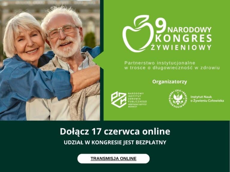 Baner poziomy reklamujący 9. Narodowy Kongres Żywieniowy, z lewej strony para seniorów patrząca z uśmiechem w obiektyw, kobieta opiera się o ramię mężczyzny, na środku na zielonym tle logo Kongresu i logotypy partnerów